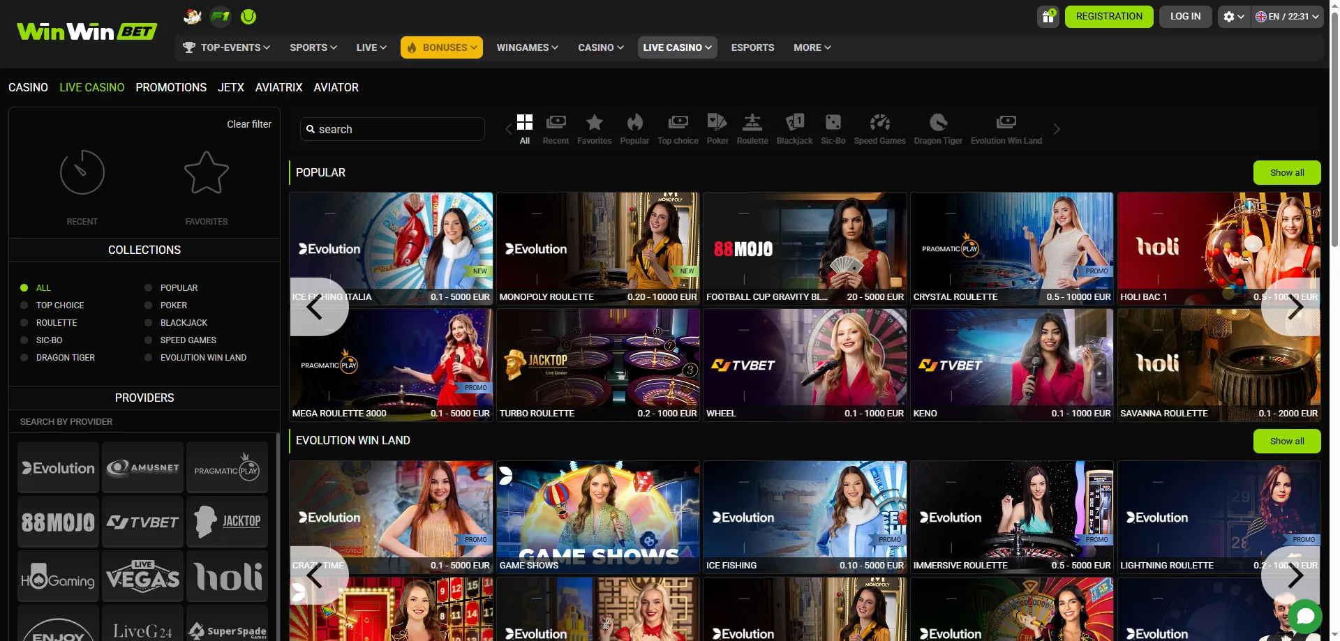 Casino en direct WinWin Bet CI avec croupiers professionnels Evolution Gaming
